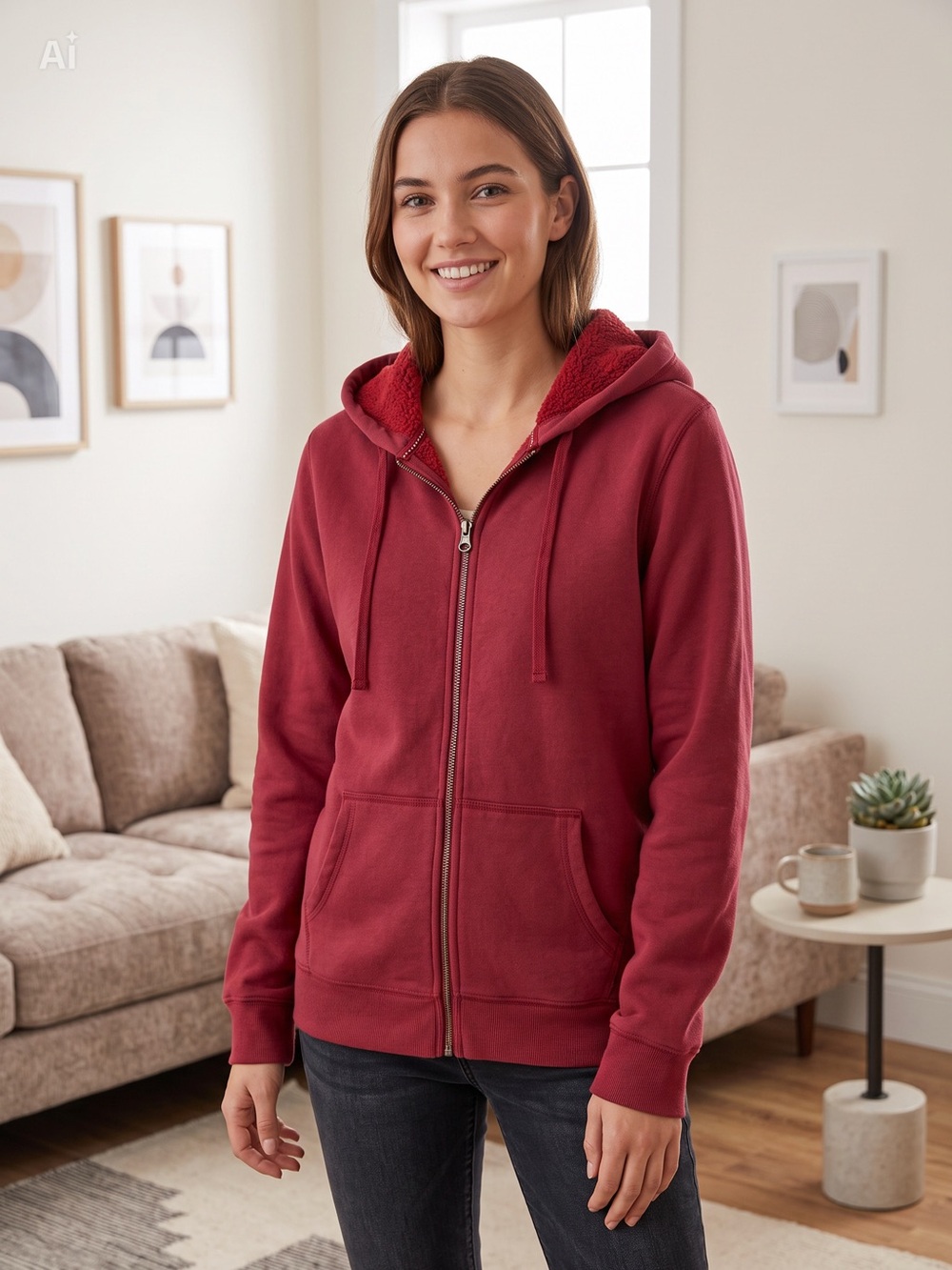 Sonoma Women's Berry Red Zip Hoodie with Sherpa Lining